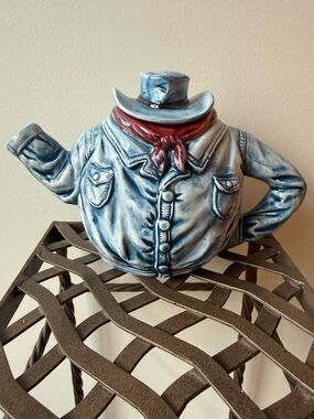 Handcrafted Cowboy Ceramic Teapot in Blue with Red Bandana